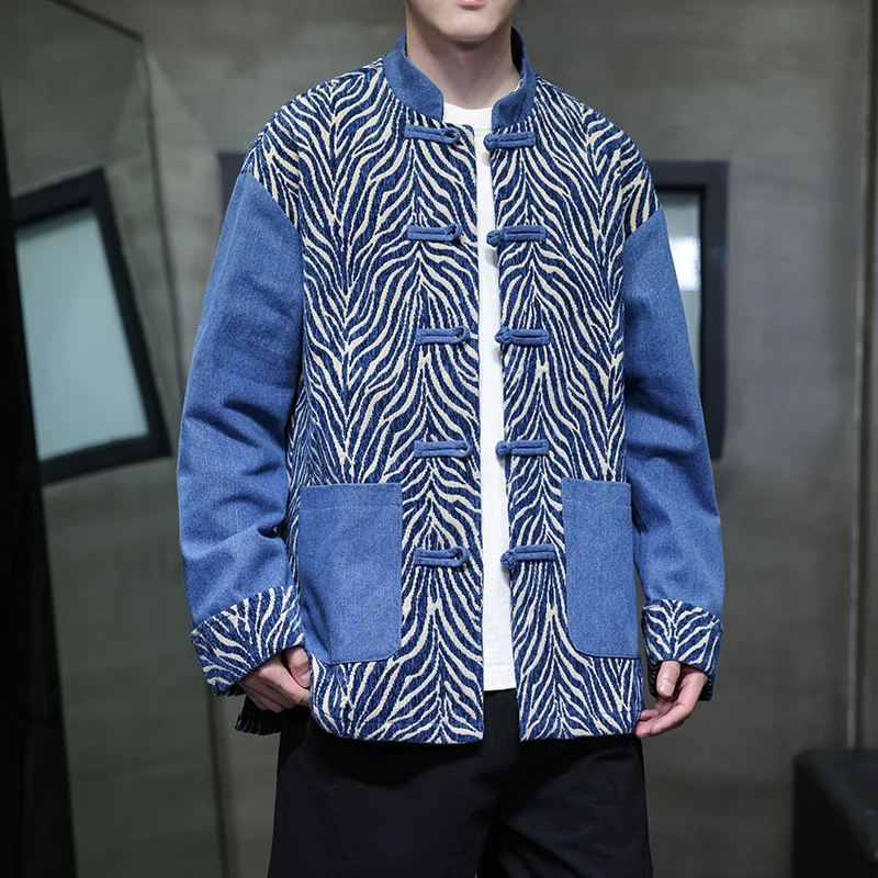 

New Chinese Sle Men's Spring Autumn Denim Jaet Retro Tiger Pattern Splicing Hanfu Large Size Men's Outerwear