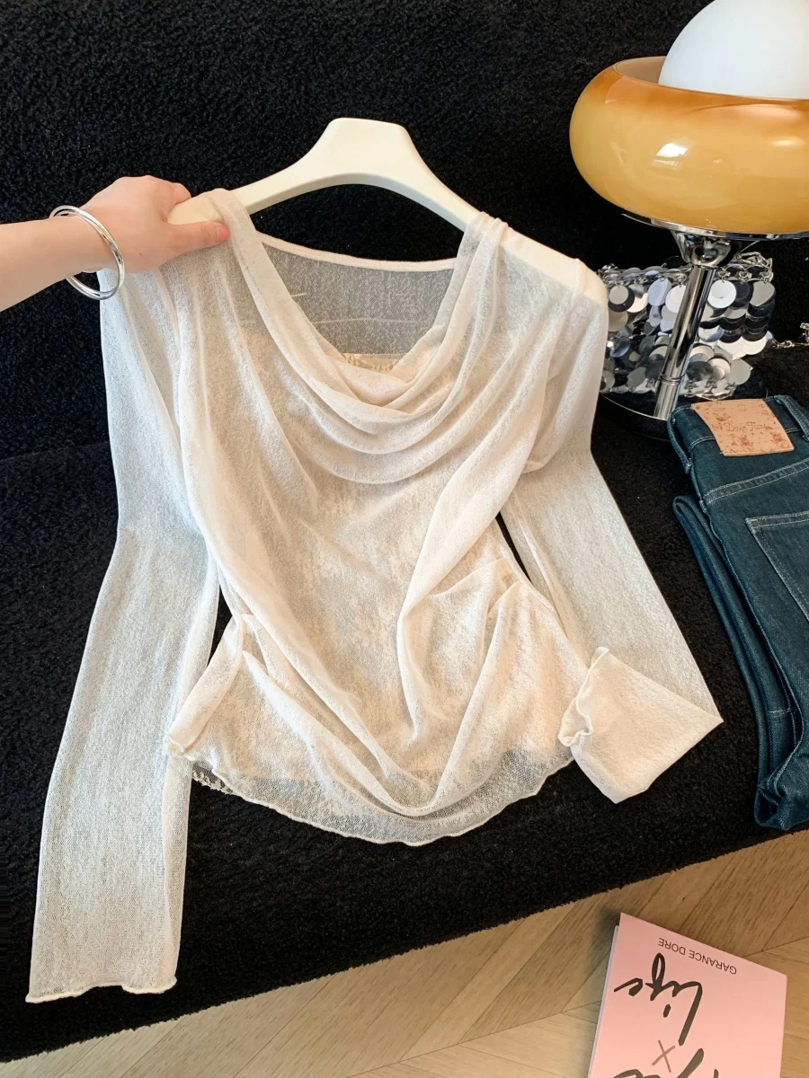 

Женская футболка в французском стиле с длинным рукавом, кружевными вставками и облегающим кроем, весенний дизайн, свободный вырез, дышащая, комфортная, из полиэстера