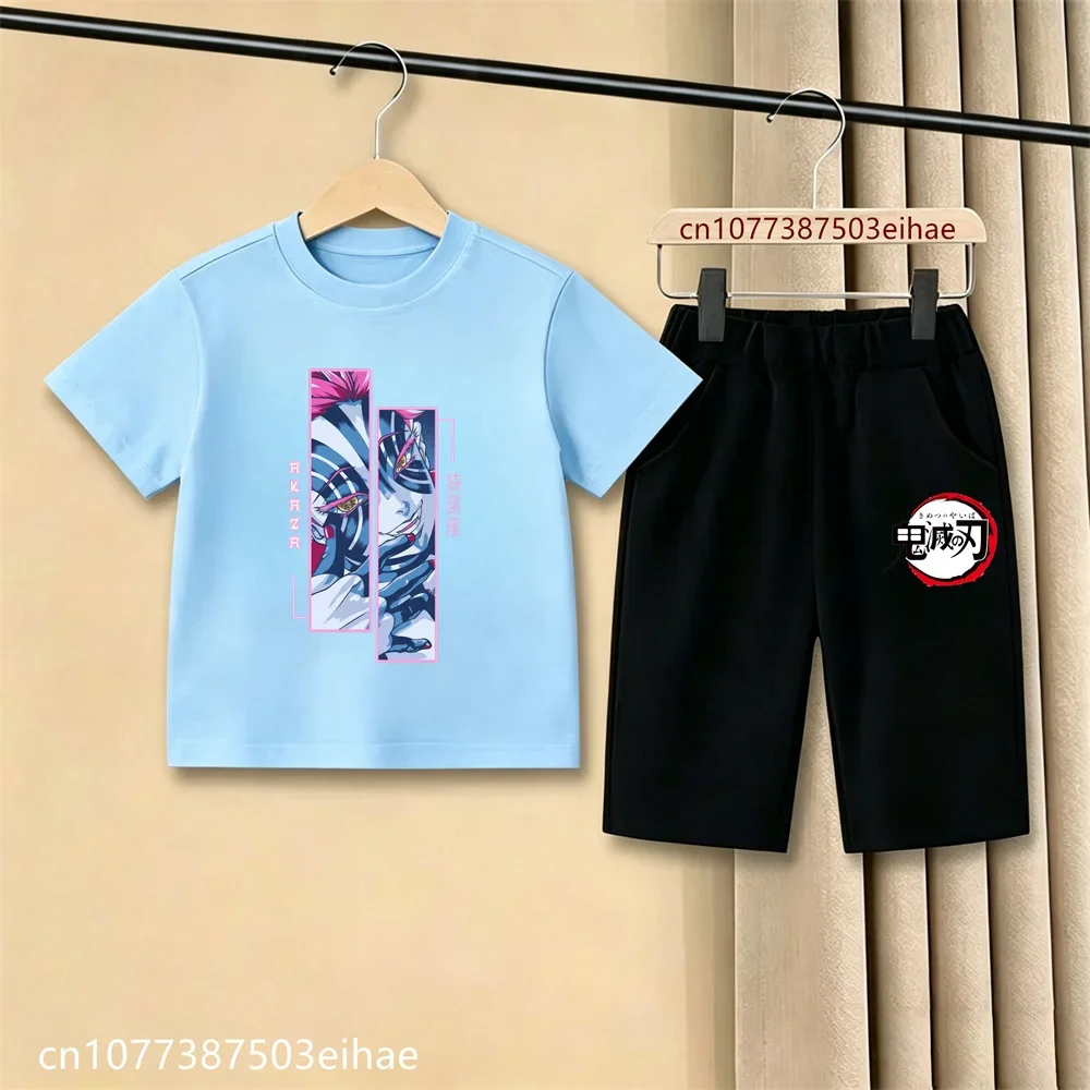 School Kids Demon Slayer Manga Cartoon Two-Piece Set Casual Loose Fit T-Shirt And Shorts Ghost Blade Pattern Soft Summer Wear