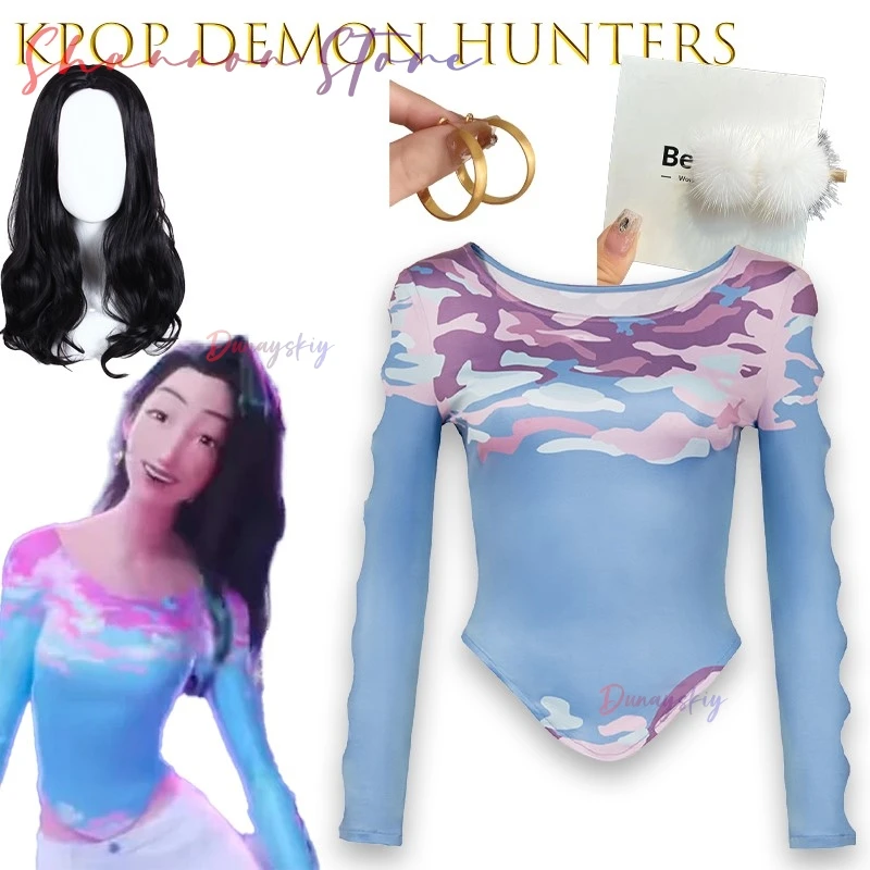 Disfraz de cazador de demonios de KPop Celine, Top estampado azul, traje ajustado de seda de leche para mujeres adultas, trajes de fiesta de Carnaval y Halloween