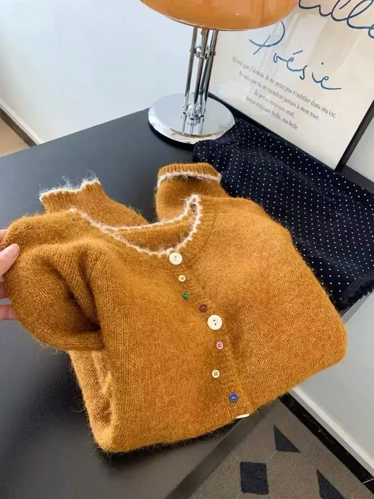 

Retro Korean Design Button Knitted Sweater Coat Women's Autumn Winter Lazy Soft Colion Color Knit Open Cardigan Top