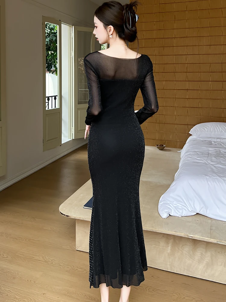 2025 diamantes pretos retalhos malha pura sexy vestido longo outono manga longa elegante vestido babados feminino coreano vestido de baile de luxo