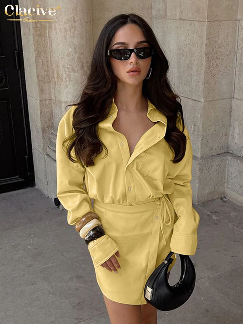 Clacive Fashion Loose Yellow Cotton Skirts Sets For Women 2 Pieces 2025 Elegant Long Sleeve Shirt With High Waist Mini Skirt Set