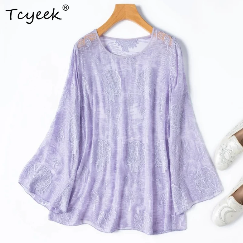 

Tcyeek 100% Real Silk Women T Shirt 2026 Spring Summer Purple Elegant Embroidery Sunscreen Top Clothing for Female Ropa De Mujer