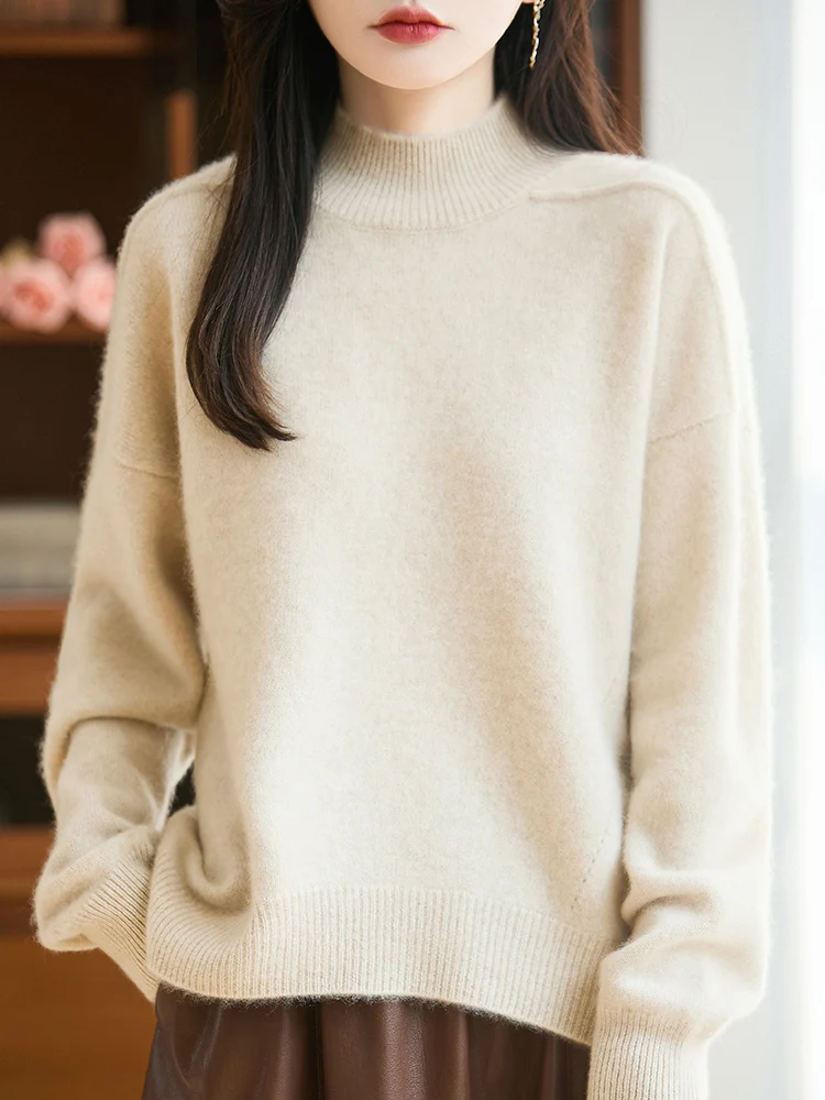 2025 Otoño/Invierno nuevo 100 suéter de lana pura para mujer medio cuello alto suéter de parte inferior gruesa suéter de lana suelto de estilo perezoso