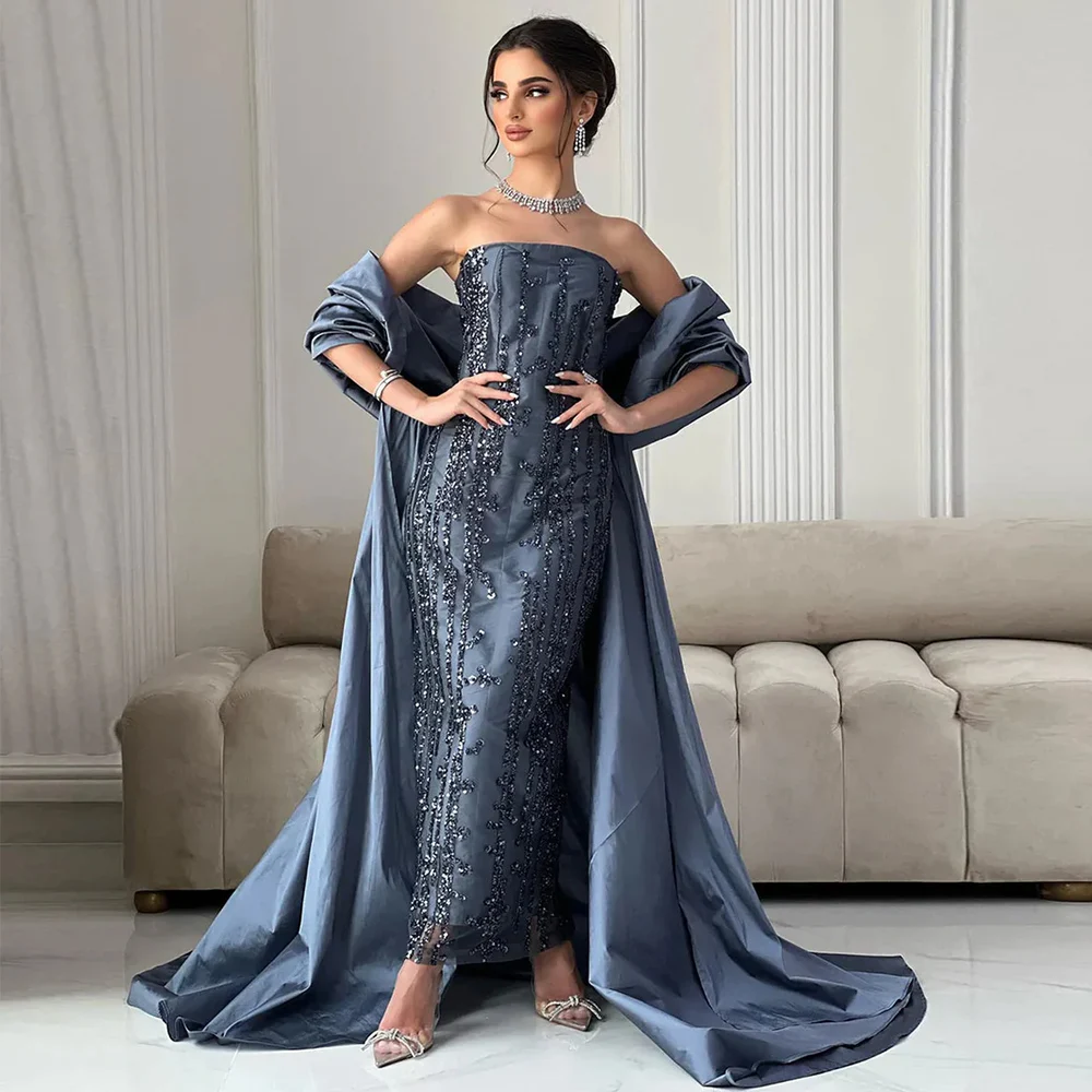 

Dark Royal Blue Luxury Evening Dresses 2025 Satin Sheath/Column Celebrity Dress Strapless Shawl Beading Dubai Party Gown Midi