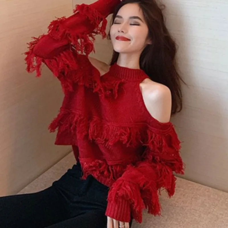 Off Shoulder Pullovers for Women All-match Solid Spring Autumn Clothing Fashion Ins High Street Knitted Soft Warm Popular Simple