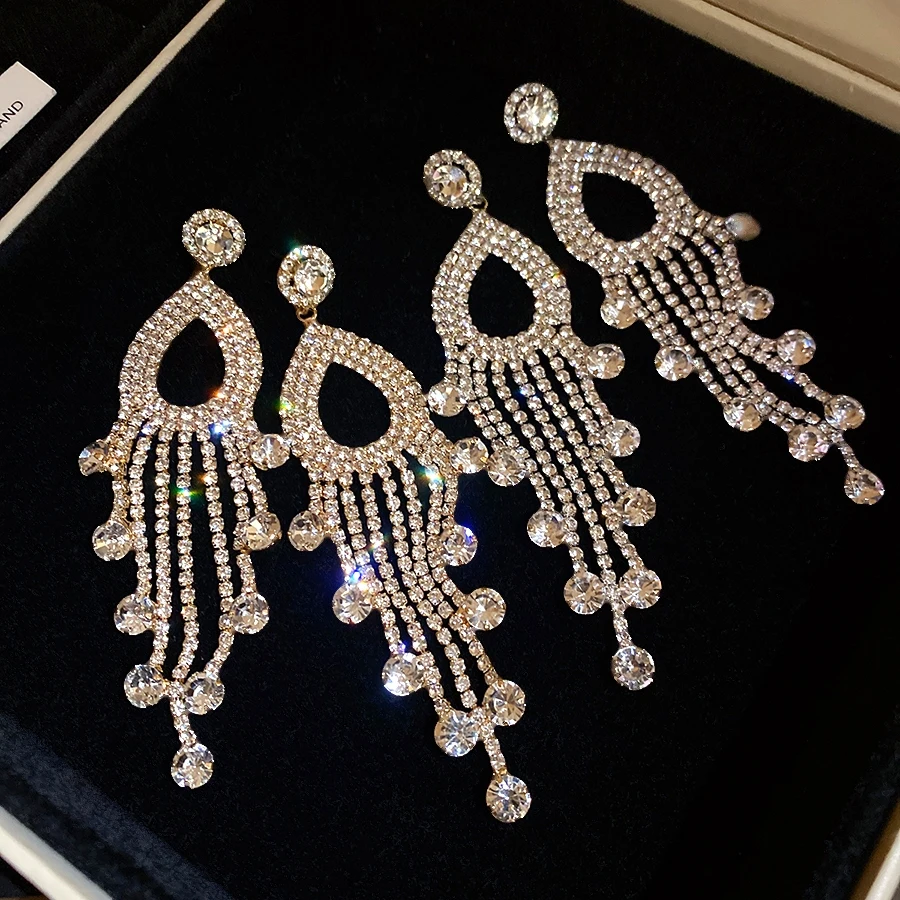 Hollow Teardrop Multi-layer Tassel Long Drop Earrings - Banquet Glam Slim Face Luxury Spark Evening Party Ear Jewelry For Women
