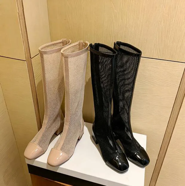 Fashion Black Apricot Patent Leather Patchwork Square Toe Knee Boots Middle Chunky Heels Back Zipper Long Fishnet Botas Woman