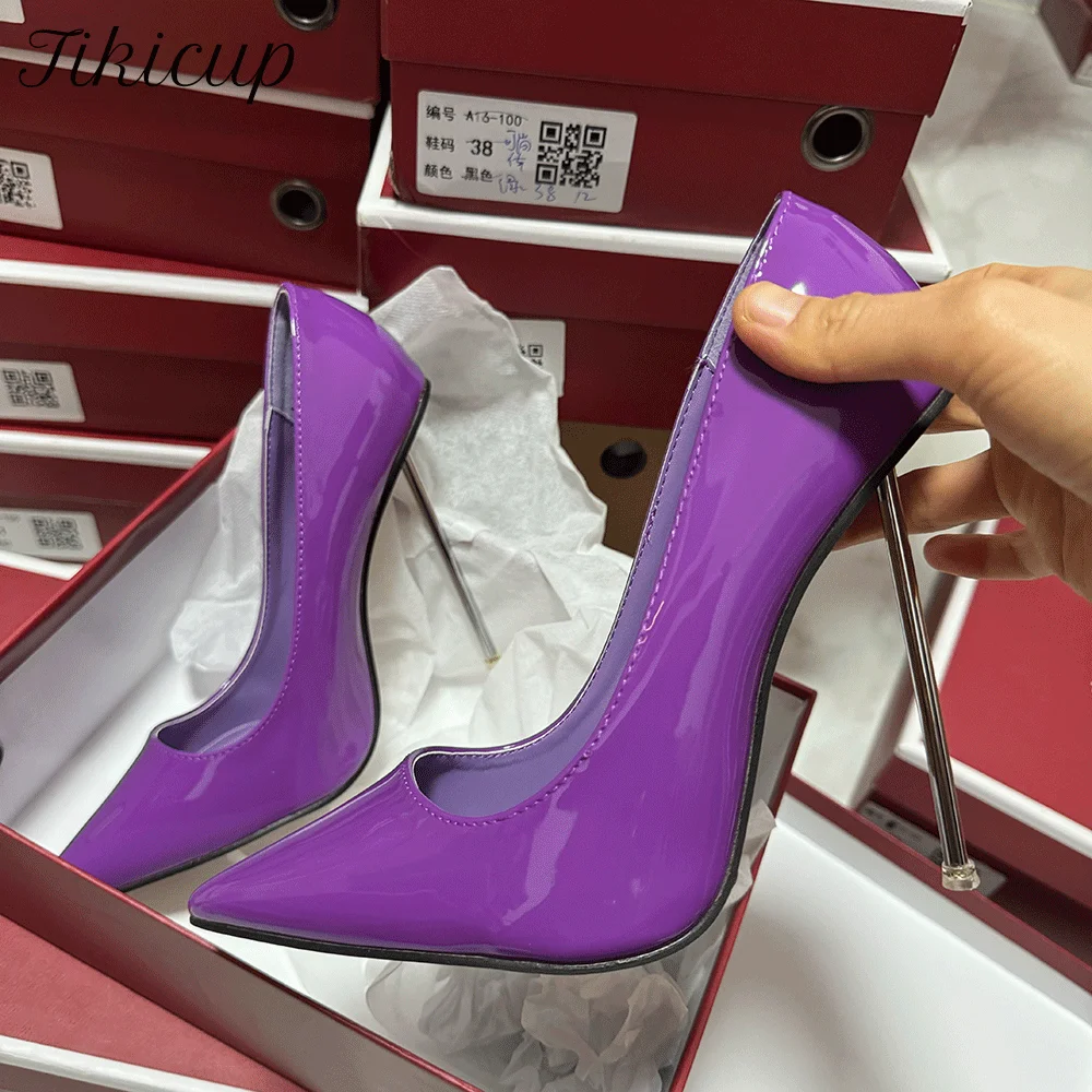 

New Customize Sexy 12cm Metal High Heels Women Glossy Purple Pointed Toe Pumps Stilettos OL Party Brid Wedding Man Unisex Shoes