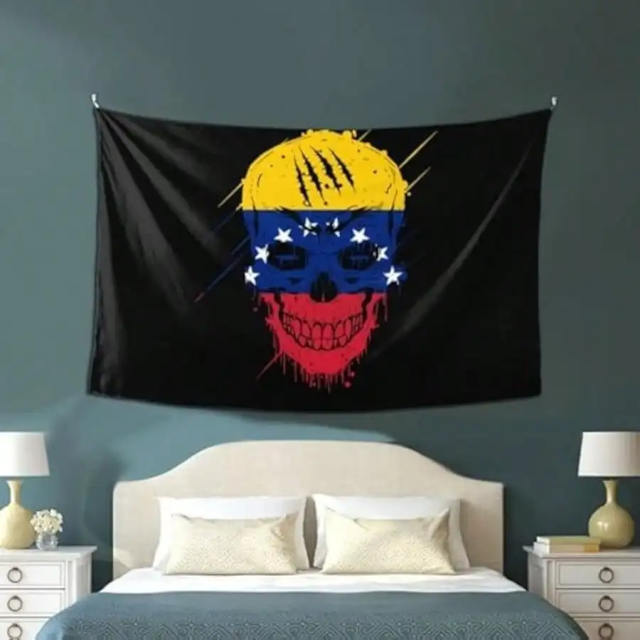 Venezuela Flag Skull Tapestry - Patriotic Gothic Wall Hanging, Yellow Blue Red Skeleton Decor, Multiple Sizes
