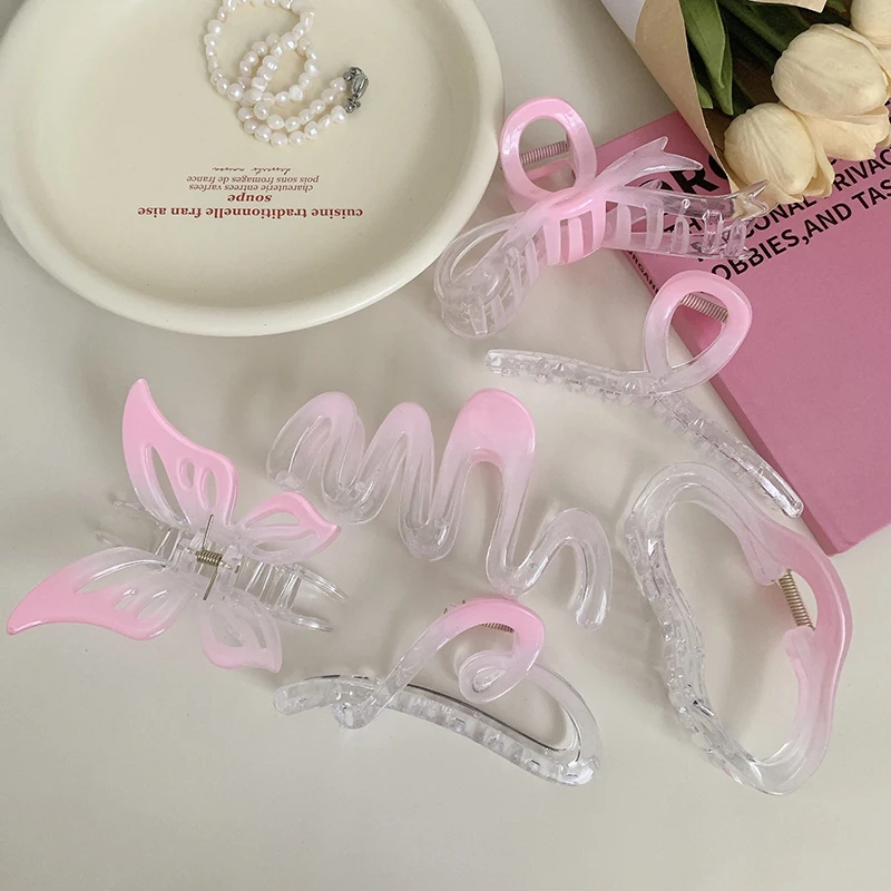 Sweet Gradient Color Pink Hair Claw For Women Girls Fashion Elegant Large Shark Clip Ponytail Hair Accessories Headdress