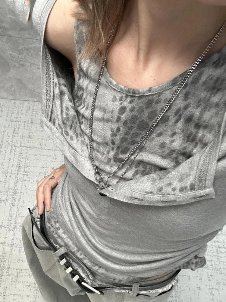 Harajuku Grau Leopard Gefälschte Zwei Stück T-shirt Frauen Herbst Off Schulter Slim Fit Basis Crop Top Vintage Grunge Streetwear