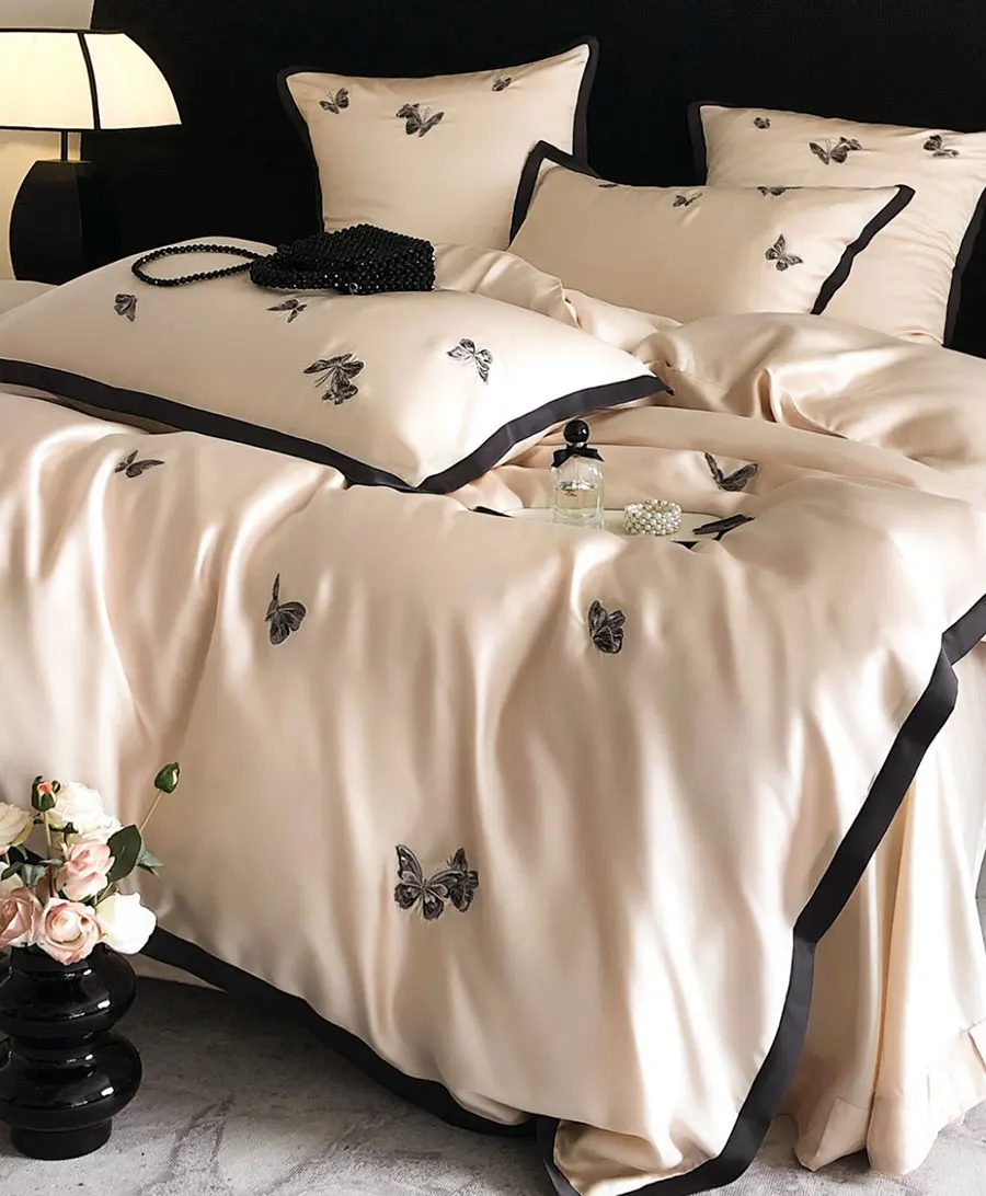 Elegant fashion cool embroidered butterfly black pink bedding set,full queen king home textile bed sheet pillow case duvet cover