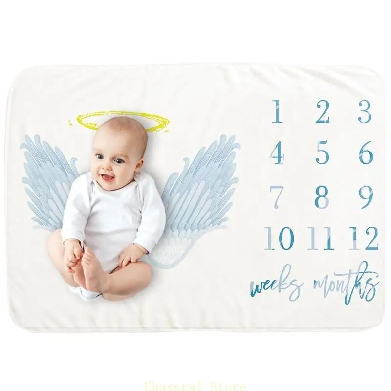 E7CE Baby Month Milestone Blanket Monthly Record Growth Blanket Newborn Soft Flannel Angel Wing Printed