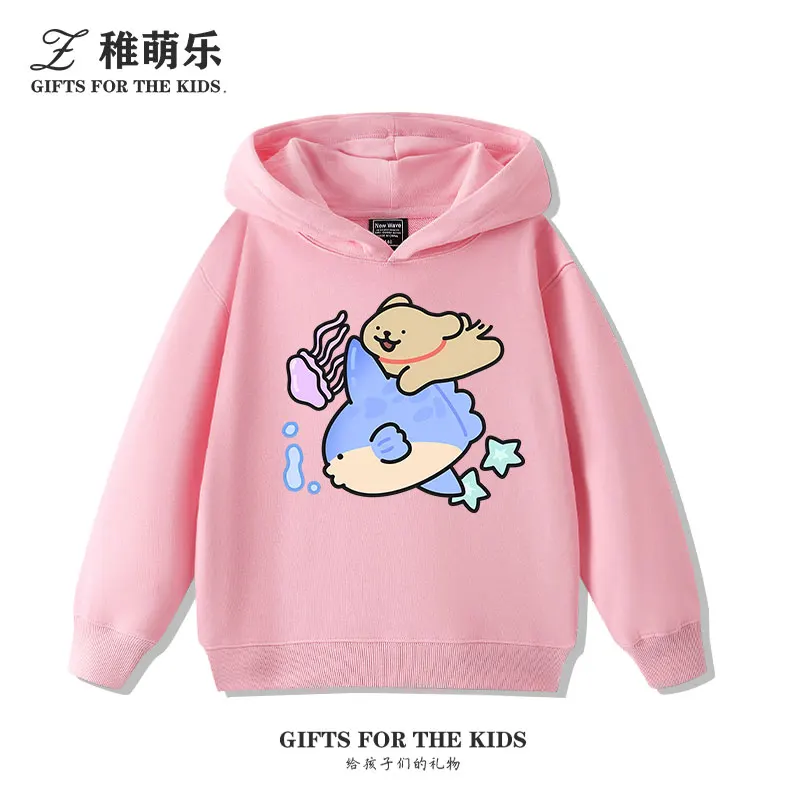 Garçons et filles océan tueur baleine dessin animé chiot imprimé sweat à capuche enfants automne et hiver mignon tout-match tenue décontracté