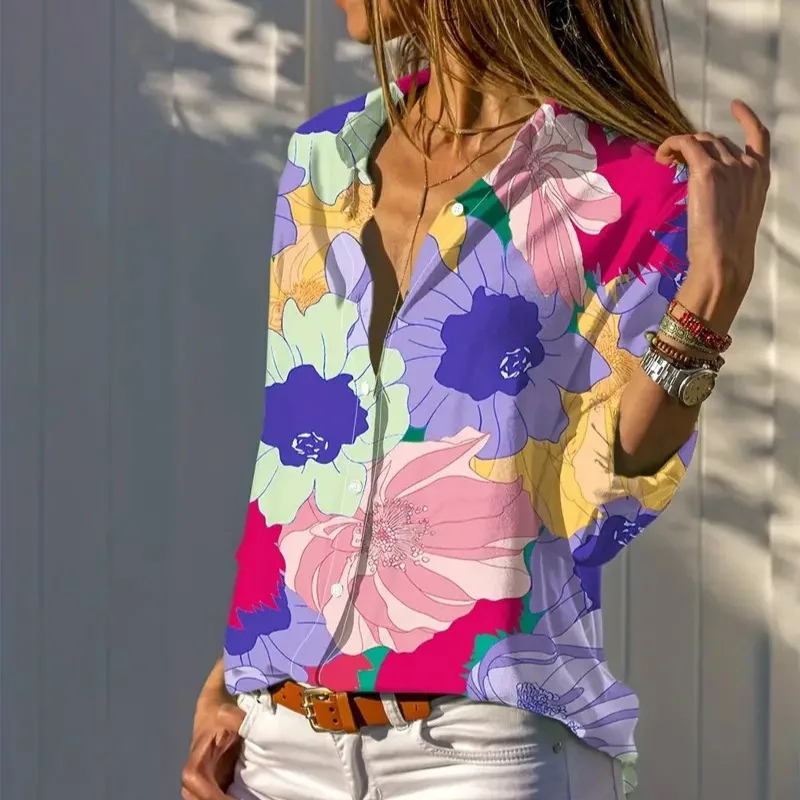 Color Blending Gradient Flower Shirt 3D Digital Printing Women's Autumn New Long Sleeved Blouses OL Tops Femme Blusas Camisas