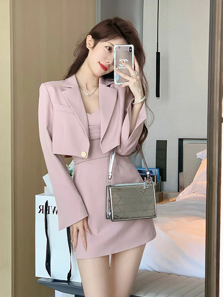 Korean Fashion Y2k Elegant Solid Mini Skirt Suit Women Casual Vintage Pink Long Sleeve Set Female Blazer Coat+Strap Dress 2024