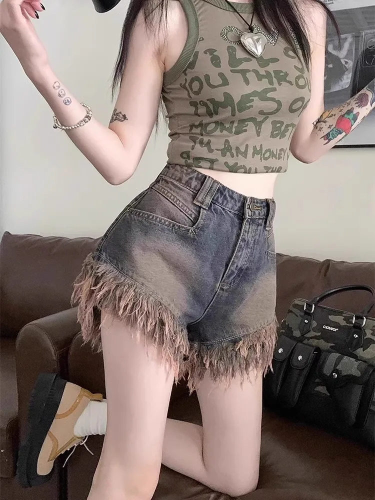 ヴィンテージ レディース デニム ショートパンツ ハイウエスト フリンジ 女性用 ショートジーンズ ホットパンツ 原宿ファッション 服 2025 ギャル ジョーツ セクシー ボールズ