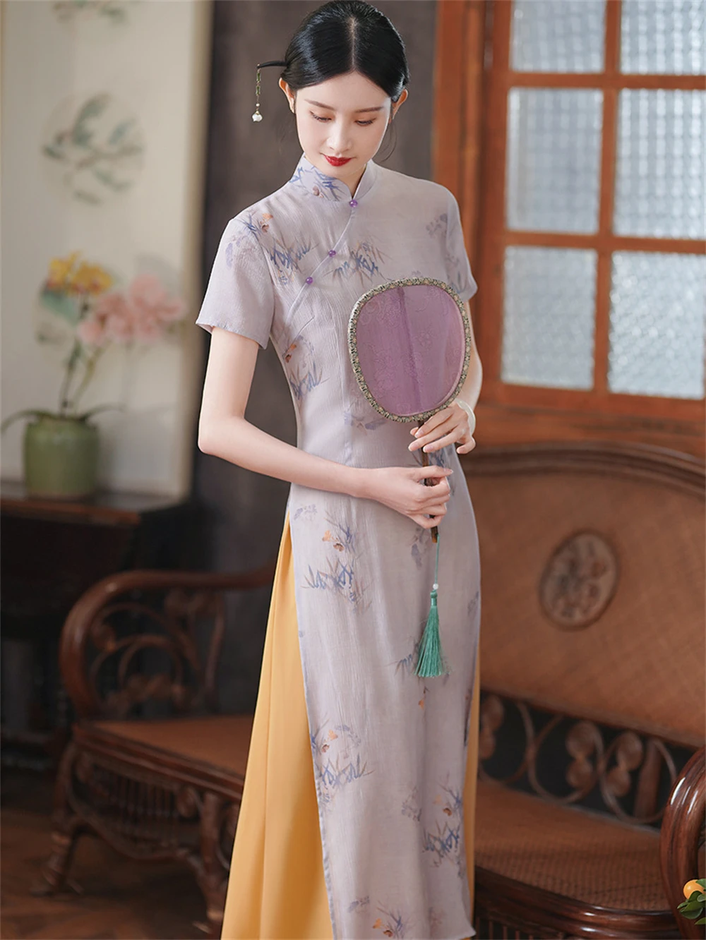 Light Purple AoDai Cheongsam Female Summer Chinese Style Improved High Split Qipao Dress Daily Elegant Long Tea Costume Chinoise