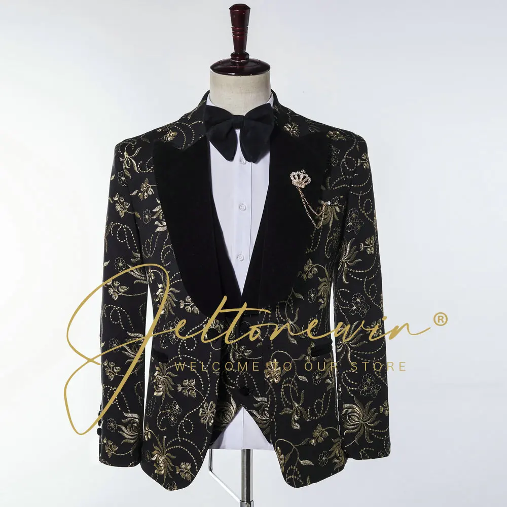 Black Men Suit Set With Gold Floral Pattern Fashion Tuxedo Groom Wedding 3 Pieces Costume Homme Trajes De Hombre