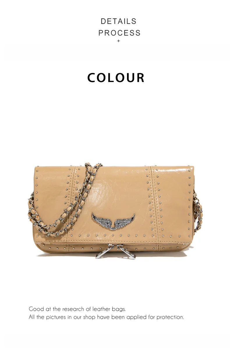 Bolso Bandolera Tipo Sobre Pequeño para Mujer 2026, Bolso de Hombro Casual de Cuero Encerado Negro Suave con Cadena de Remaches Plateados