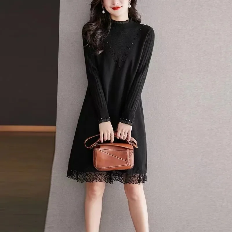 Abiti da donna Abito lavorato a maglia Autunno e inverno da donna Maglione a maniche lunghe con collo semi-alto Abito al ginocchio ispessito