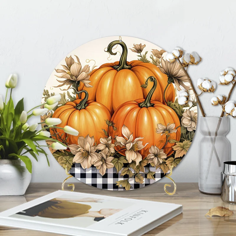 1pc of an 8X8 Inch Aluminum Sign Featuring a Fall Pumpkin Wreath Design, with Black And White Buffalo Check Patterns, Perfect fo