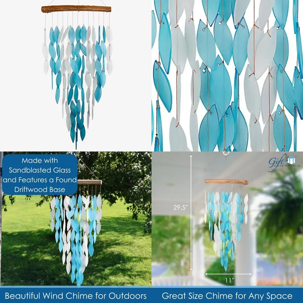 

handcrafted driftwood and sandblasted glass wind chime with blue waterfall design