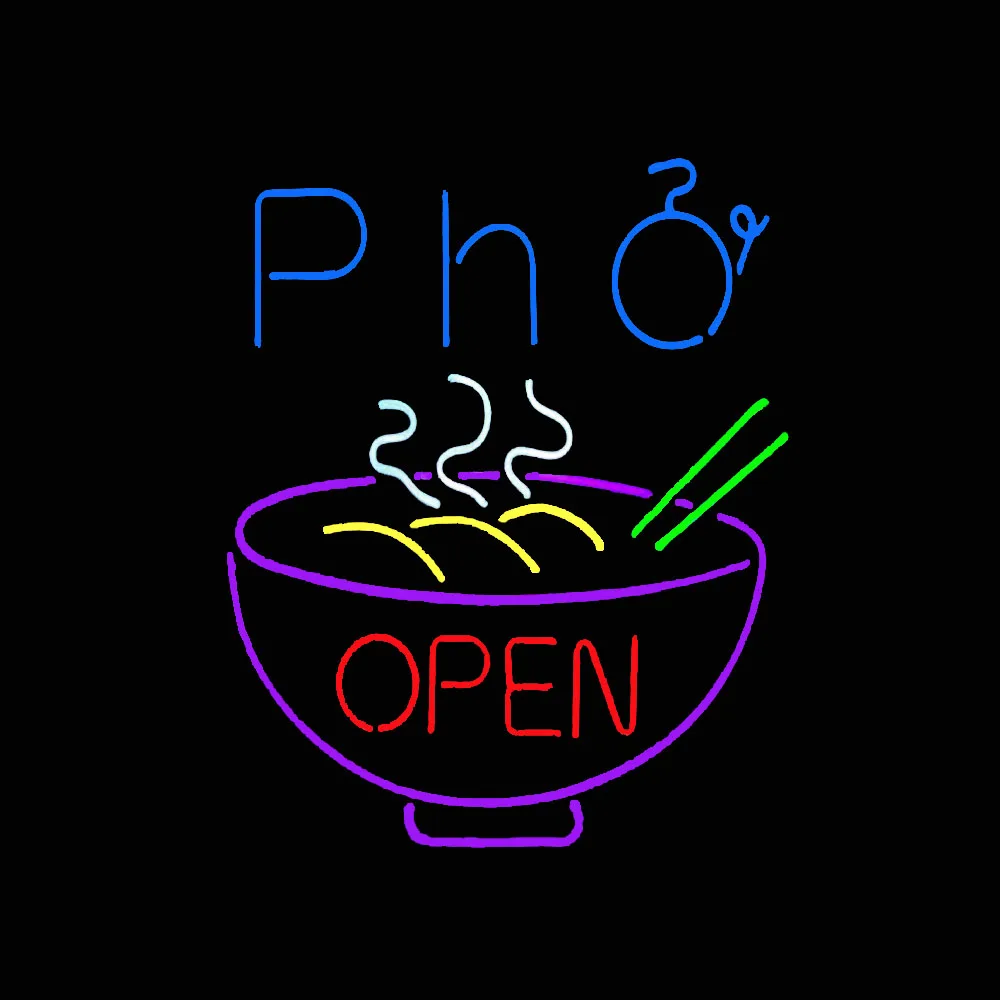 PHO Flat Rice-noodles Restaurant Neon Sign Light Real Glass Tube Bar Store Advertise Room Decor Display Lamp Hang On Wall 15X19