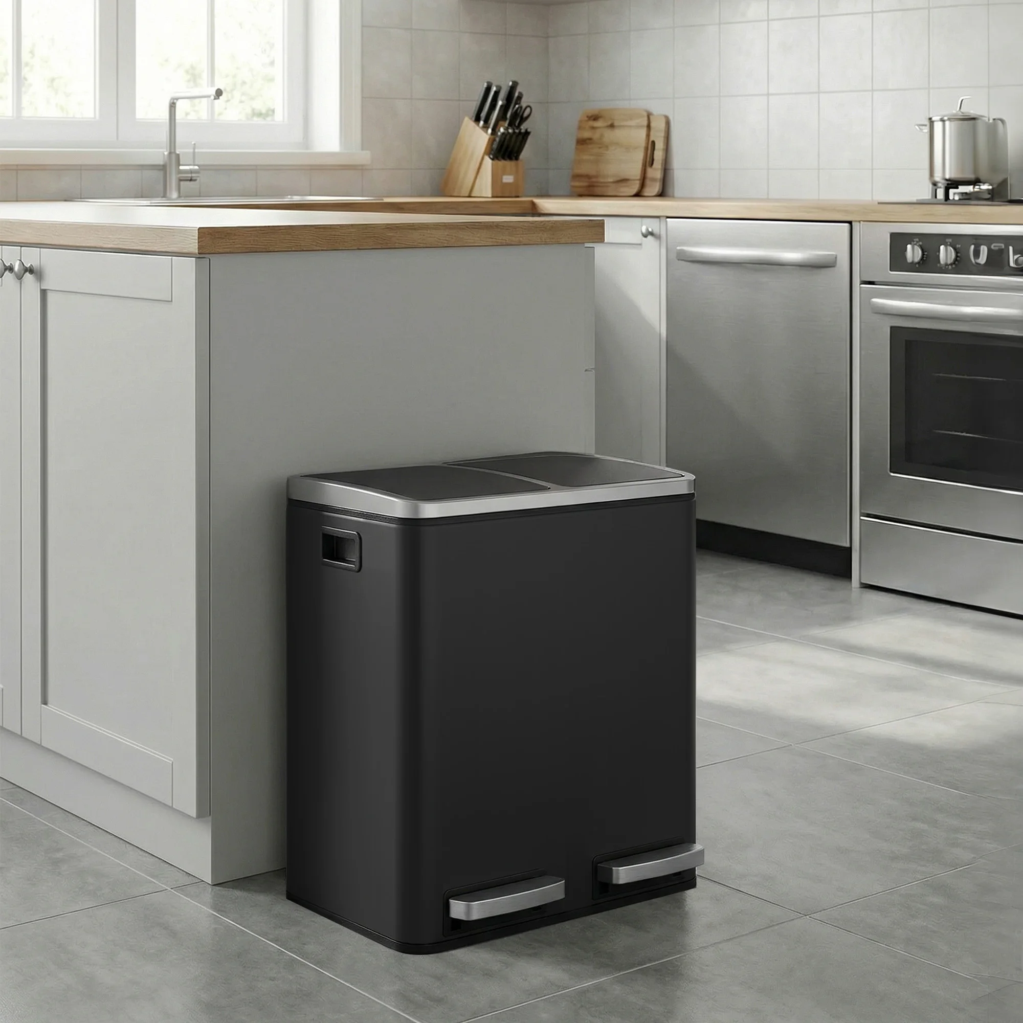 SONGMICS Mülleimer Küche, Mülltrennsystem 2 Fächer, 2 x 15 Liter