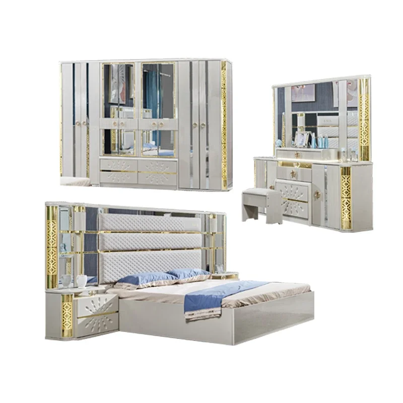 Fotografia 3: Design de luxo todo em madeira conjunto cama king duplo moderno quadro madeira mdf completo 5 peças conjunto casa quarto móveis