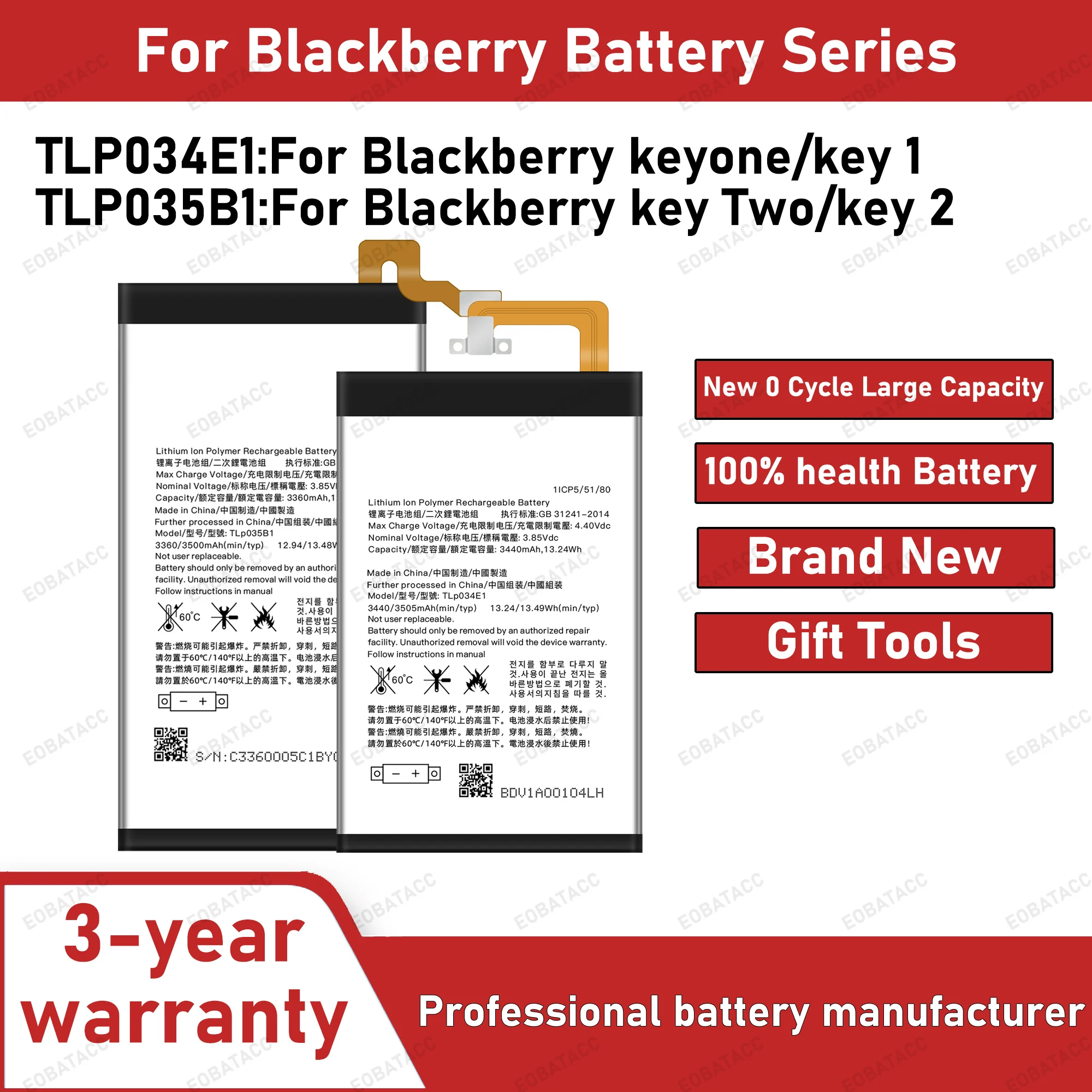 2026 Years TLP035B1 TLP034E1 Battery for Blackberry Keytwo Key 2 Keyone KEY1 Original Capacity Batteries Bateria+ Free Tools