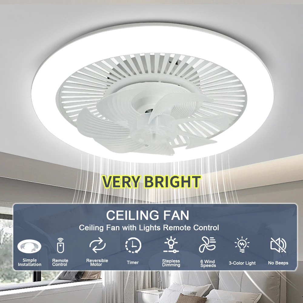48cm Ceiling Fan with Light and Remote Control, LED Ceiling Light, Silent DC Motor, 6-speed, Bedroom and Living Room Lamp