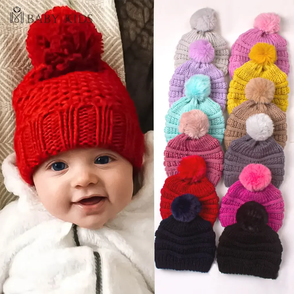 Baby Boy Hat Cute Pompom Baby Cap Beanie Autumn Winter Warm Knitted Children Girls Hats Solid Hairball Elastic Kids Caps Bonnet