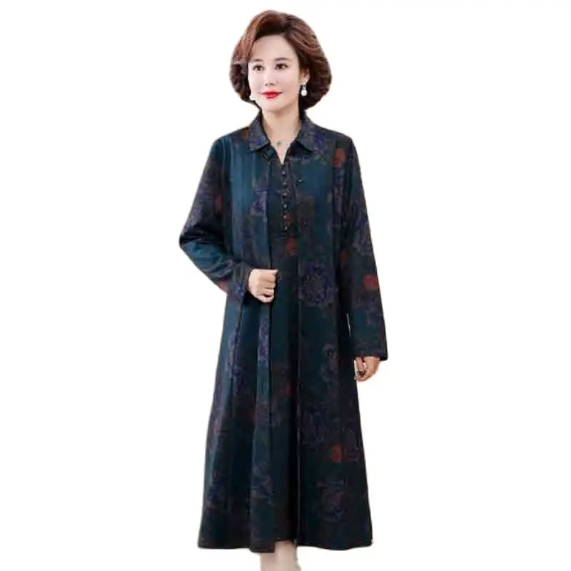 

Large Size Middle-aged Mother Temperament Windbreaker 2023 Spring And Autumn Fashion Long Printed Over-the-knee Dress Lady Coat