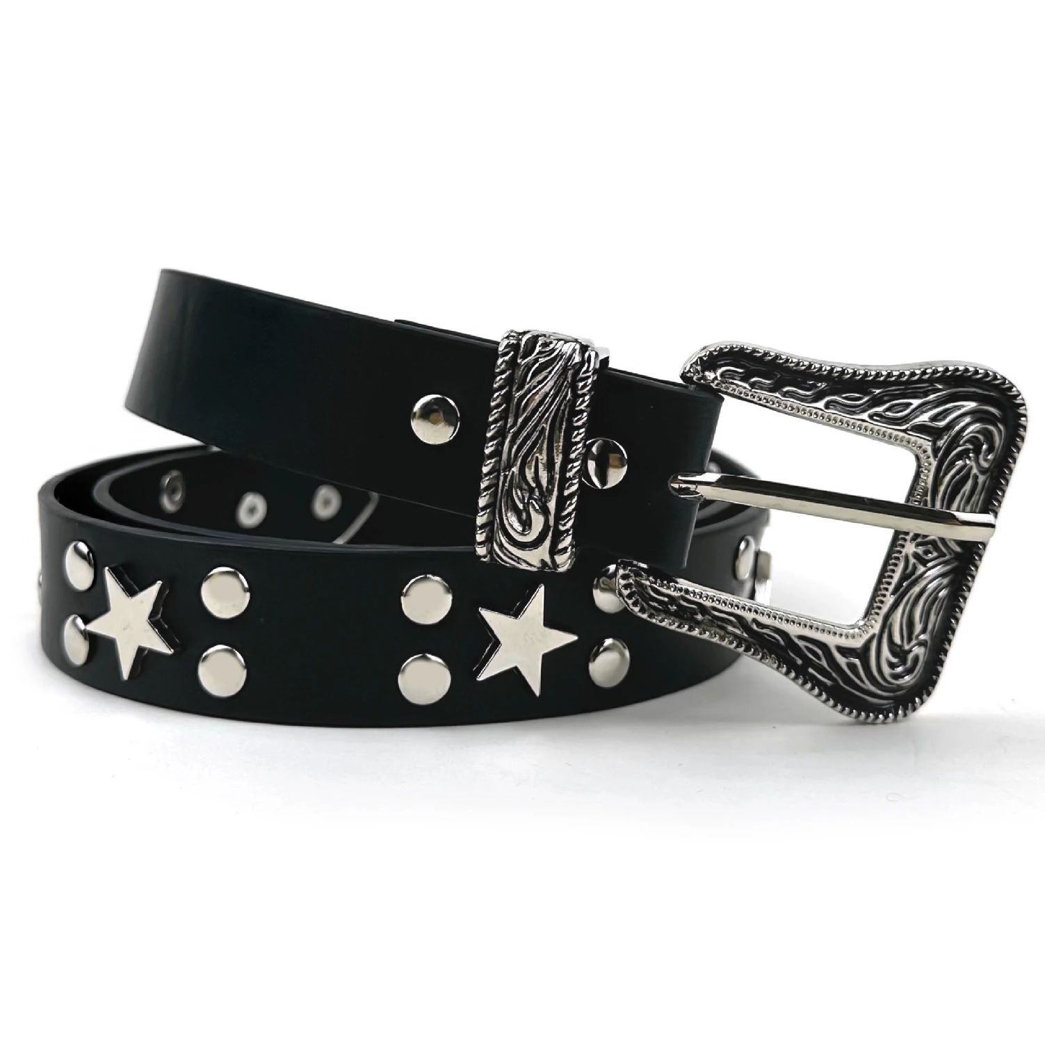 

Trendy Alloy Pentagram Buckle Belt for Women Fashion Versatile Jeans Accessories Punk Style Rivets Design Retro Carved Belt