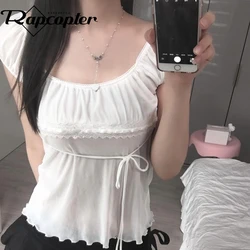 Rapcopter y2k Lace Frill Crop Top White Tie Up Short Sleeve Mesh See Through T Shirt Women Cute Sweet Korean Tee Summer Chic Top