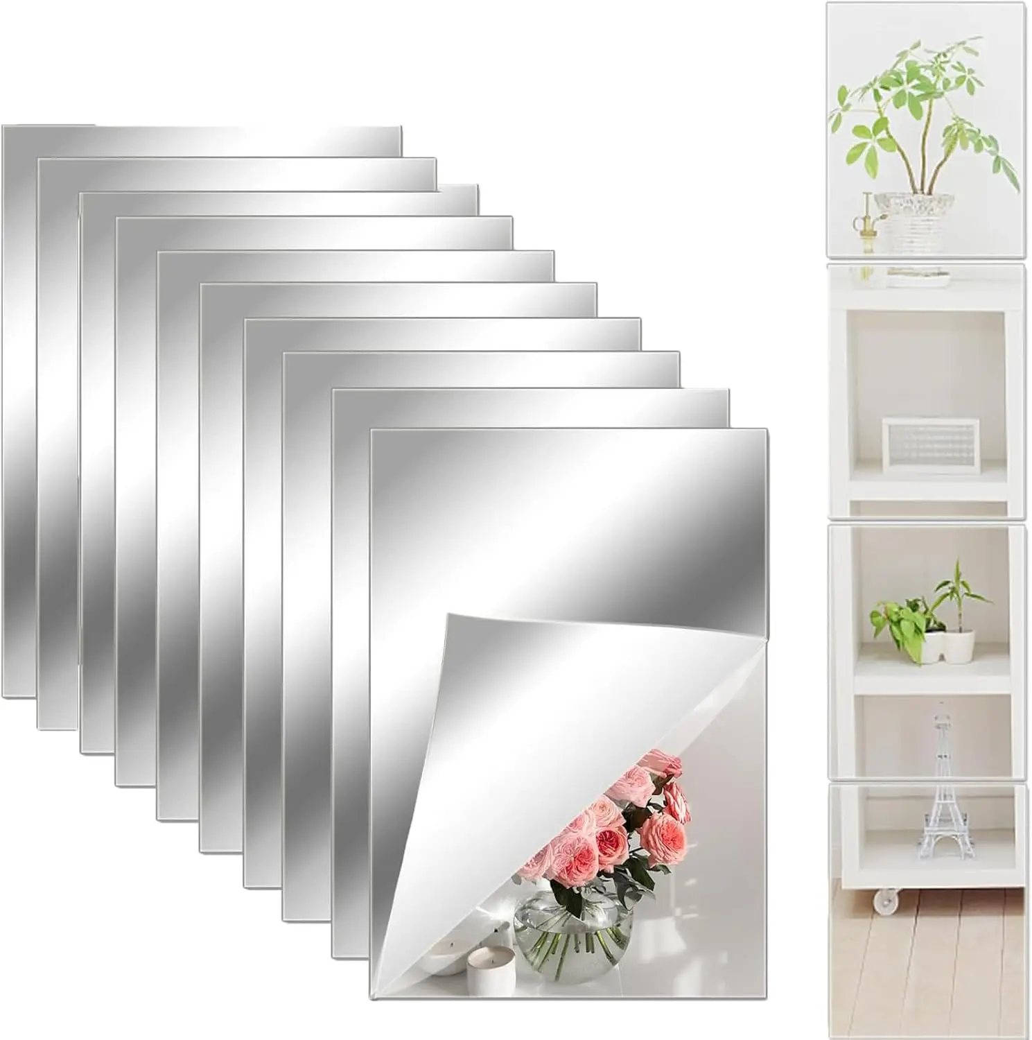 

10 Flexible Self Adhesive Acrylic Mirror Tiles 8x6 Inch Thin Sheet for Wall Bedroom Decor