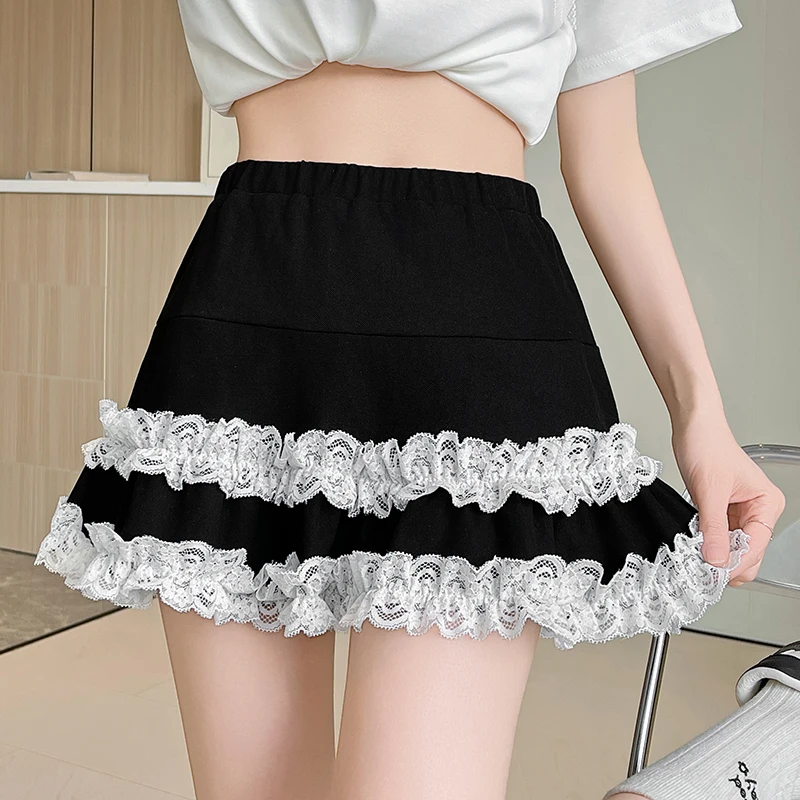 

Spring Light Gray White Black Lace Trim Short Skirt Fashion Trend European High Waist Texture