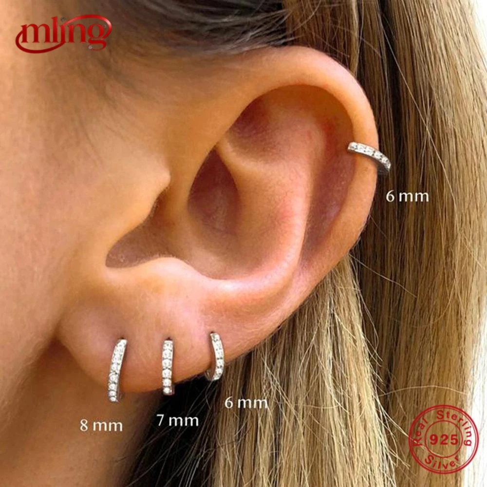 

MLING 925 Sterling Silver 6/7/8/9mm Round Circle Zircon Piercing Hoop Earrings for Women Ins Classic Simple Earings Jewelry Gift