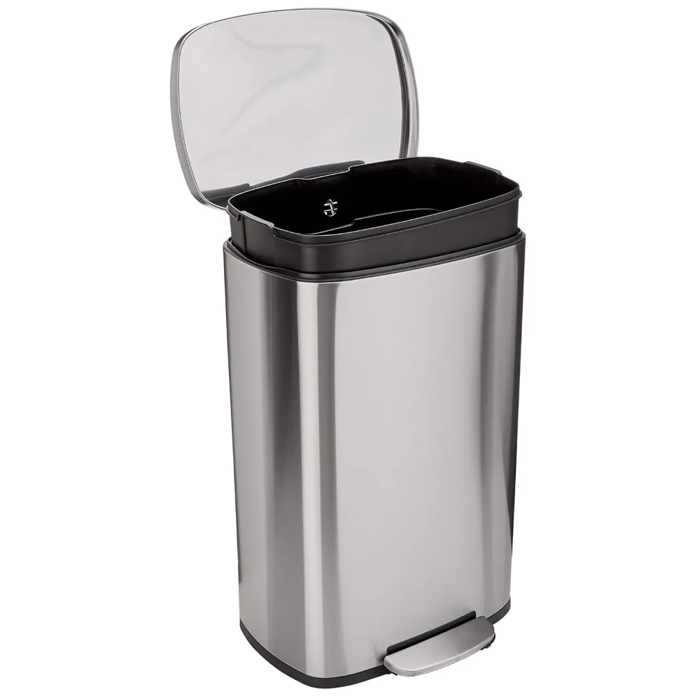 

Smudge Resistant Rectangular Trash Can With Soft-Close Foot Pedal, Brushed Stainless Steel, 50 Liter/13.2 Gallon