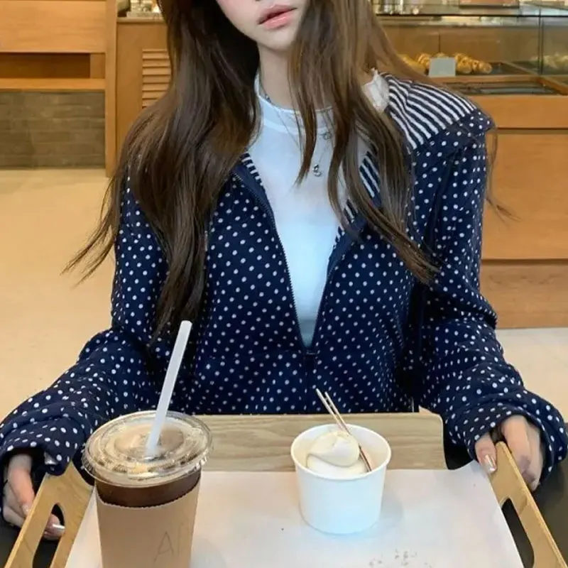 Felpe con cappuccio stampate casual a pois coreani Abbigliamento da donna Manica lunga Autunno Nuove felpe con coulisse alla moda con cerniera con cappuccio