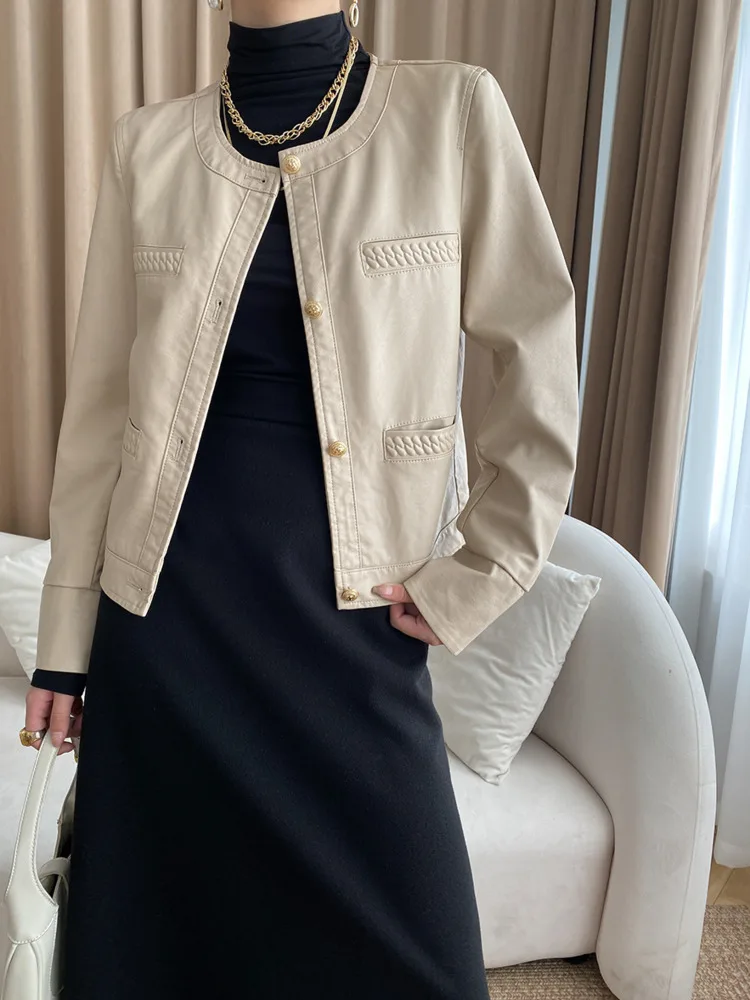 UCXQ Fashion PU Jacket European Style Gold Single Breasted Casual All Match Woven Leather Coat Women 2024 New Spring Autumn 1237