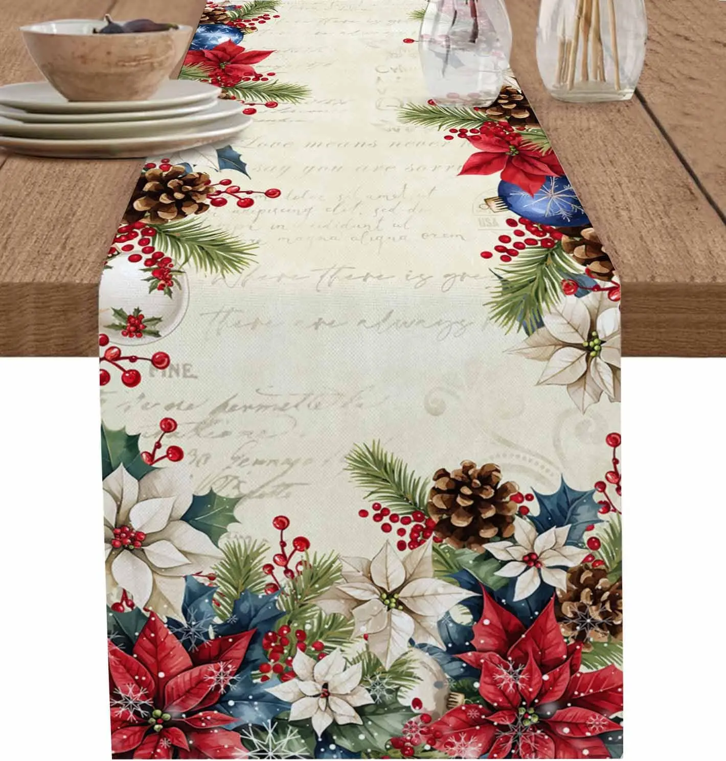 Christmas Poinsettia Ball Pine Cone Table Runner Holiday Party Decor Reusable Kitchen Dining Table Runner Christmas Decorations