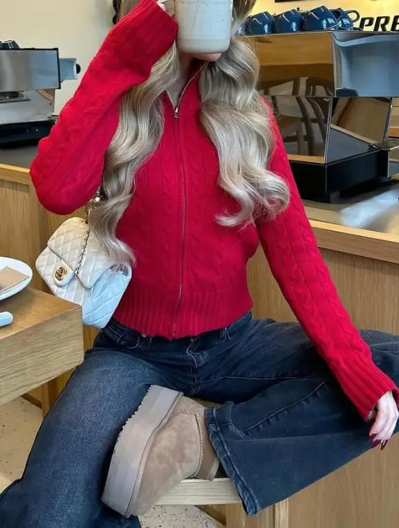 

2025 Autumn Solid Color High Neck Fried Dough Twists Jacquard Zipper Front Knitted Sweater Coat Women Classic Slim Sweater Coat