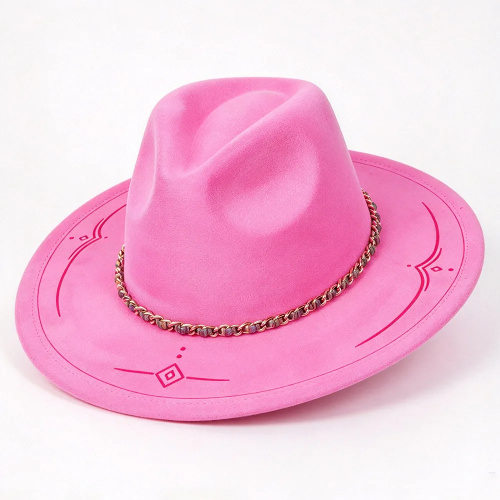 Pink Wide Brim Suede Fedora Hat for Women Metal Chain Decor jazz Hat Western Party Costume Hat Caps Accessory Party Dress Hat