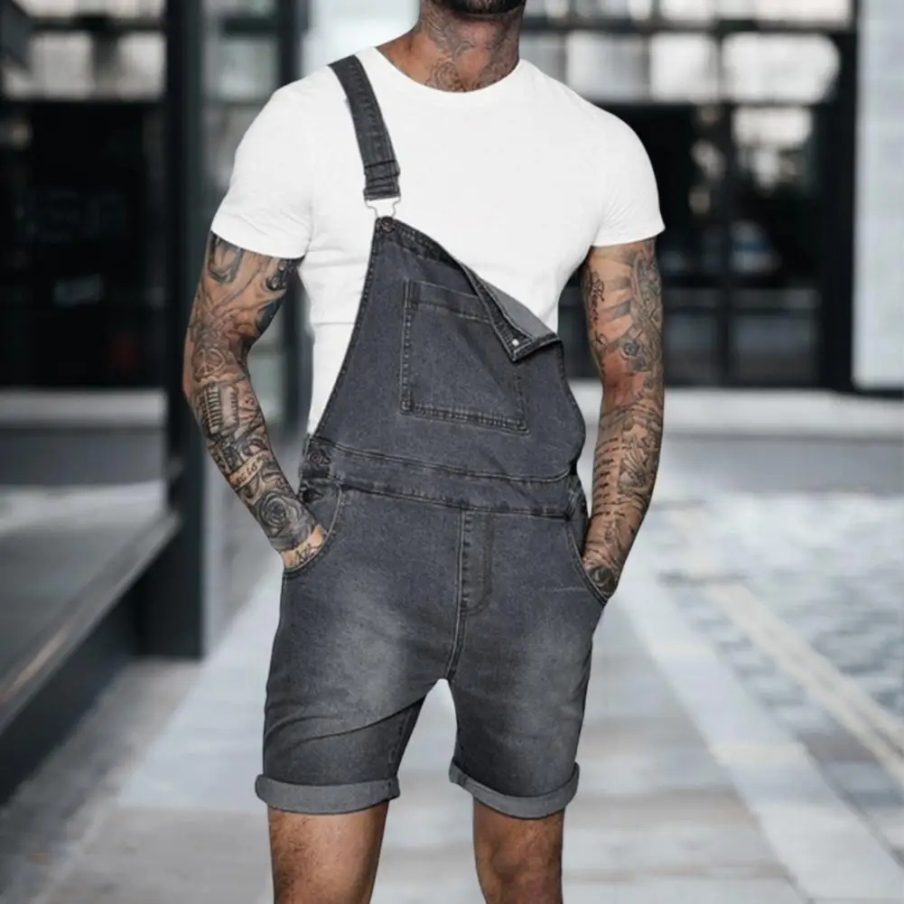 Men Denim Jumpsuit Rolled Edges Vintage Romper Joggers Jumpsuit Multi Pockets Bib Overalls Casual Trousers Men Cargo Overalls