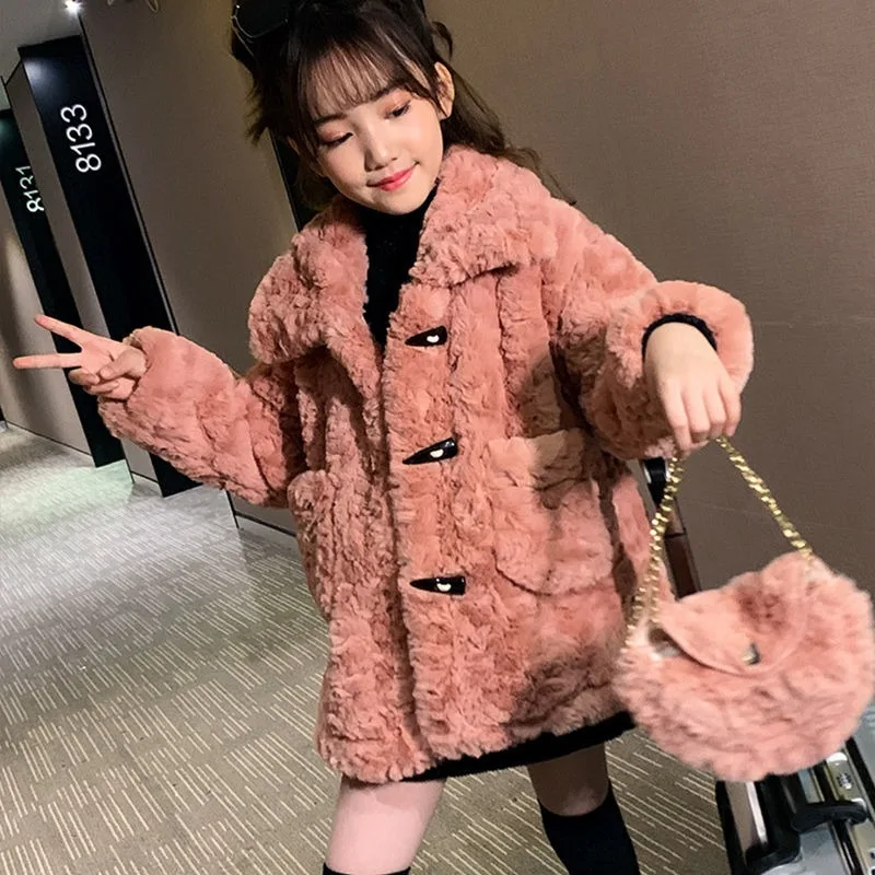 

Girls' Winter Stylish Faux Lamb's Wool Coat Thickened Fleece Lined Kids Outerwear Warm Cozy 2025 New Design