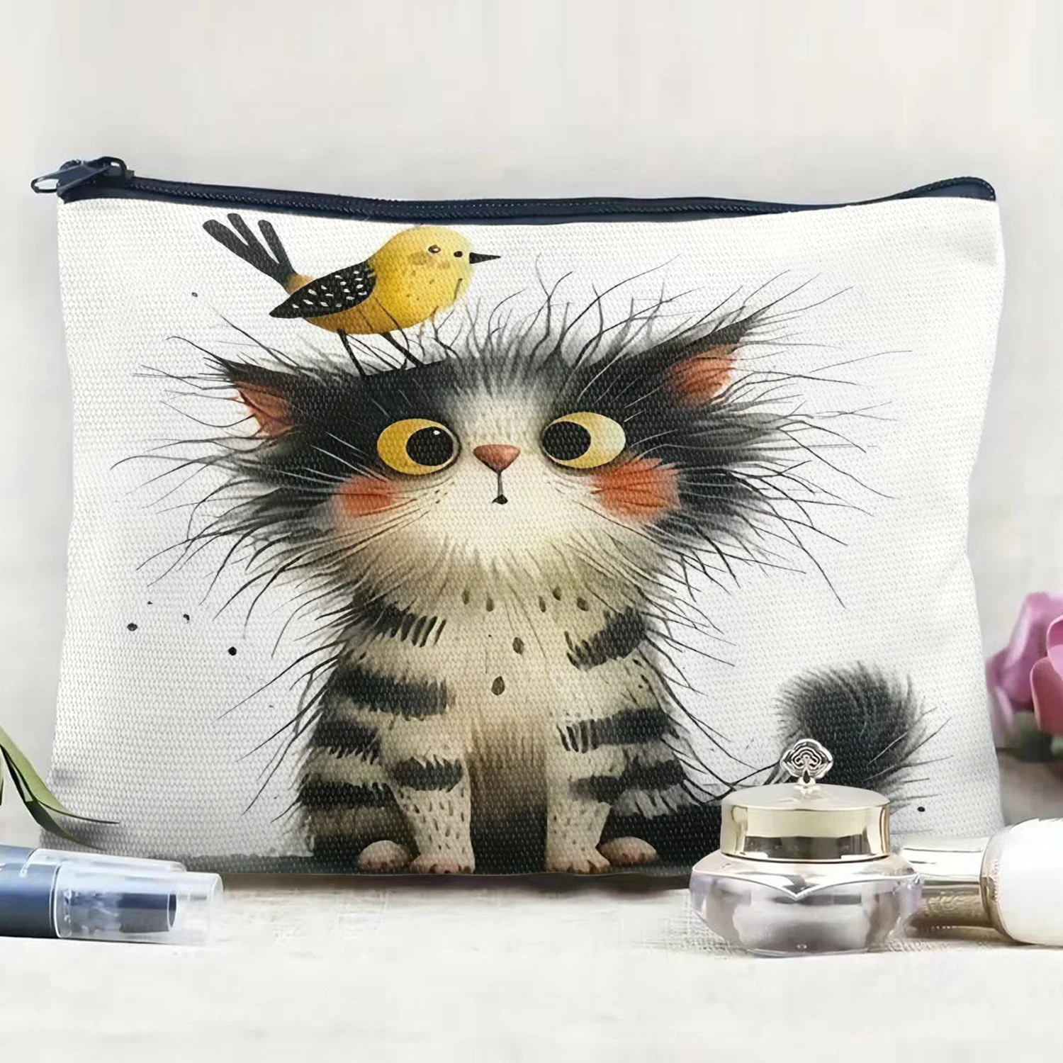 Niedliche Kosmetiktasche mit Katzen- und Vogelmuster, leichter Reise-Make-up-Organizer, parfümfrei, mit Kulturbeutel für Männer und Frauen
